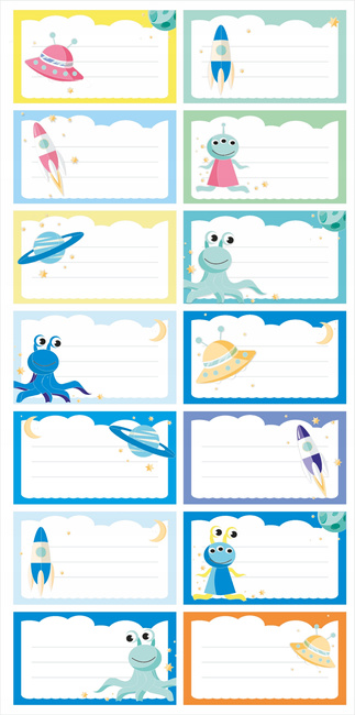 Naklejki na zeszyty 70x40 wzór kosmos 14 szt na arkuszu