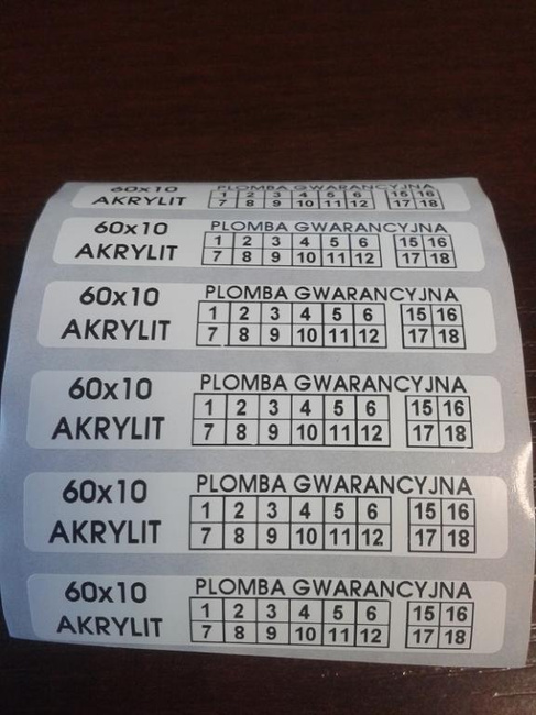Stickery serwisowe 60x10 akrylit kruszące 500szt twój nadruk !