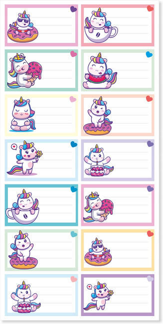 Naklejki na zeszyty 70x40 wzór jednorożce 14 szt na arkuszu