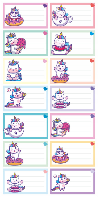 Naklejki na zeszyty 70x40 wzór jednorożce 14 szt na arkuszu