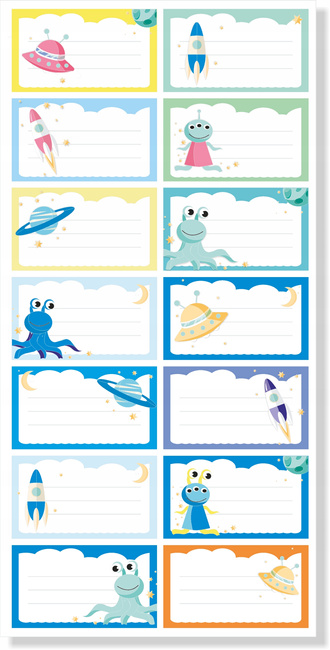 Naklejki na zeszyty 70x40 wzór kosmos 14 szt na arkuszu