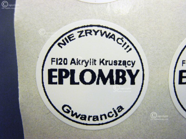 Fi20mm akrylit kruszący 250szt plomby gwarancyjne stickery twój nadruk !