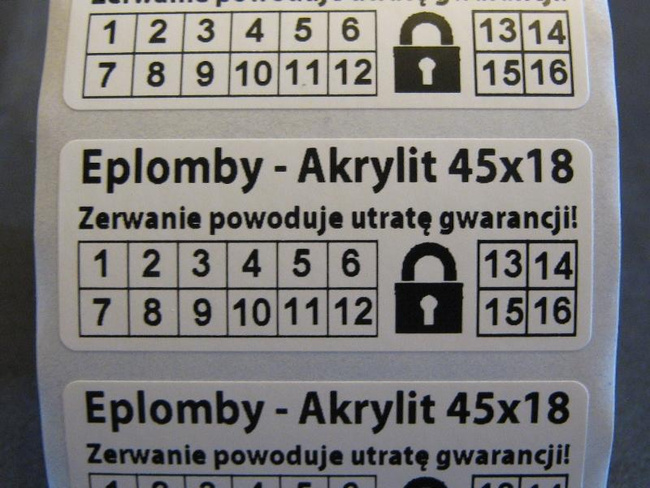 Plomby gwarancyjne 45x18 akrylit kruszące 500szt twój nadruk !