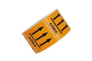 Etykieta ostrzegawcza 88x93 foliowa pomarańczowa ! GÓRA ! 500 szt.