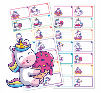 Naklejki na zeszyty 70x40 wzór jednorożce 14 szt na arkuszu