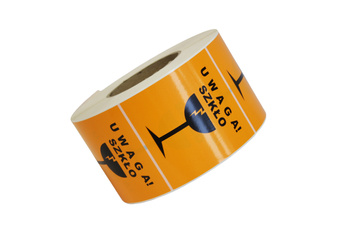 88x93 Etykieta ostrzegawcza  foliowa pomarańczowa  ! UWAGA SZKŁO ! 500 szt.