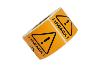 88x93 Etykieta ostrzegawcza  foliowa pomarańczowa  ! UWAGA ! 500 szt.